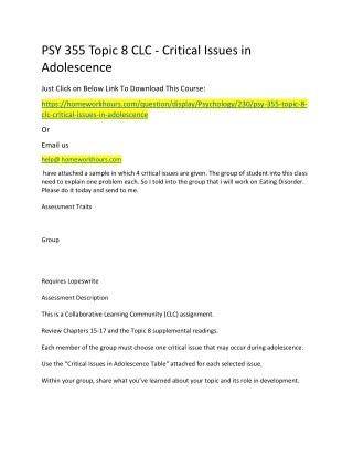 PSY 355 Topic 8 CLC - Critical Issues in Adolescence