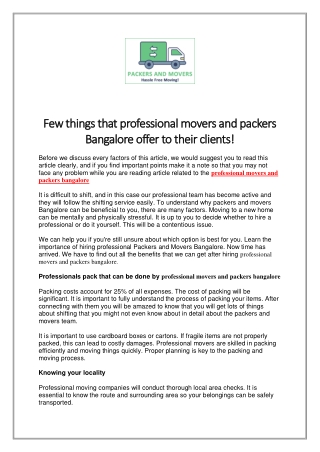 Few things that professional movers and packers Bangalore offer to their clients
