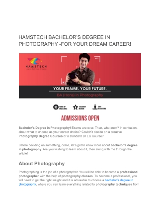 HAMSTECH BACHELOR’S DEGREE IN PHOTOGRAPHY -FOR YOUR DREAM CAREER
