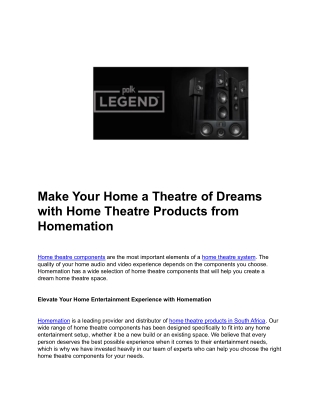 Make Your Home a Theatre of Dreams with Home Theatre Products from Homemation