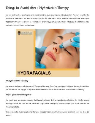 Things to Avoid after a Hydrafacials Therapy