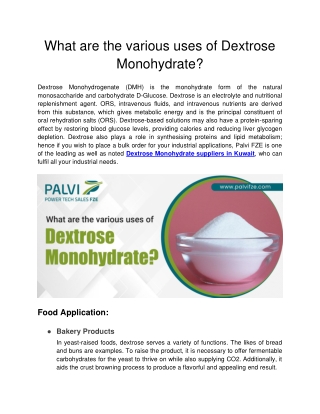 What are the various uses of Dextrose Monohydrate