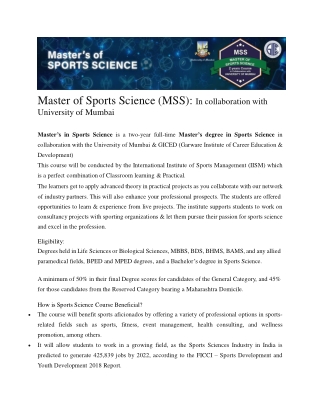 Master of Sports Science in collaboration with Mumbai University