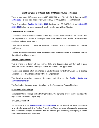 Brief Description of ISO 9001: 2015, ISO 14001:2015, ISO 45001:2018