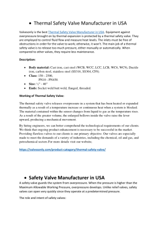 Thermal Safety Valve Manufacturer in USA