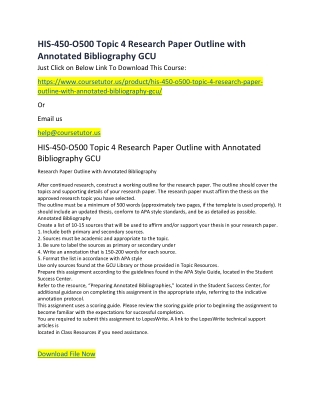 HIS-450-O500 Topic 4 Research Paper Outline with Annotated Bibliography GCU