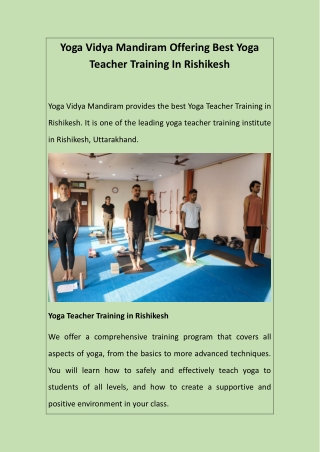 Yoga Vidya Mandiram Offering Best Yoga Teacher Training In Rishikesh