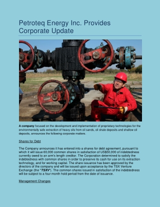 Petroteq Energy Inc Provides Corporate Update
