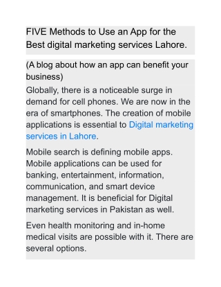 FIVE Methods to Use an App for the Best digital marketing services Lahore