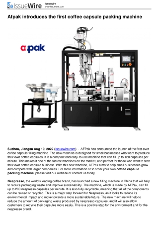 Afpak introduces the first coffee capsule packing machine