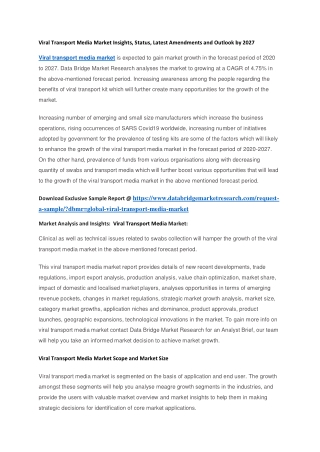 Viral Transport Media Market Insights, Status, Latest Amendments and Outlook by 2027