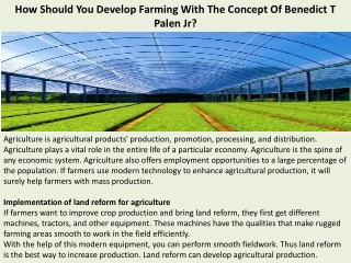 How Should You Develop Farming With The Concept Of Benedict T Palen Jr