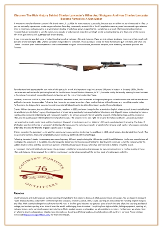 Discover The Rich History Behind Charles Lancaster's Rifles And Shotguns And How Charles Lancaster Became Famed As A Gun