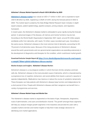 Alzheimer’s Disease Market Expected to Reach USD 8.98 billion by 2029