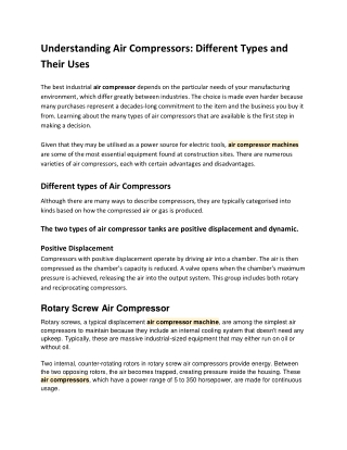 Understanding Air Compressors Different Types and Their Uses
