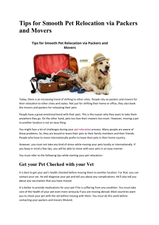 Tips for Smooth Pet Relocation via Packers and Movers