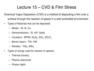 Lecture 15 – CVD &amp; Film Stress