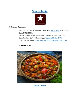 $5 off - Star of India Restaurant Menu Glenbrook, NSW