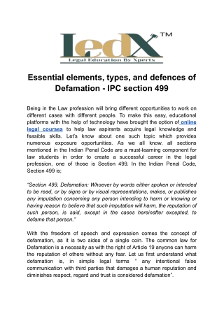 Essential elements, types, and defences of Defamation - IPC section 499 (1)