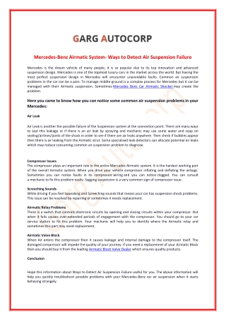 Mercedes-Benz Airmatic System- Ways to Detect Air Suspension Failure