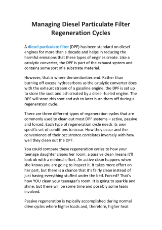 Managing Diesel Particulate Filter Regeneration Cycles