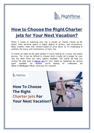 How to Choose the Right Charter jets for Your Next Vacation?