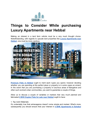 Things to Consider While purchasing Luxury Apartments near Hebbal