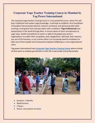 Corporate Yoga Teacher Training Course in Mumbai by Yog Power International