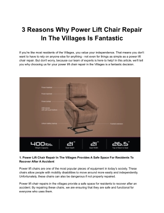 3 Reasons Why Power Lift Chair Repair In The Villages Is Fantastic