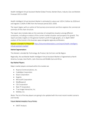 Health Intelligent Virtual Assistant Market Trends, Market Share, Industry Size, Growth, and Market Forecast 2021 to 202