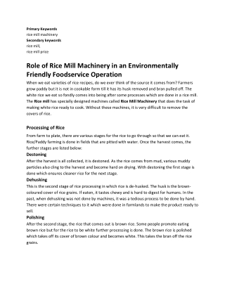 Role of Rice Mill Machinery in an Environmentally Friendly Foodservice Operation