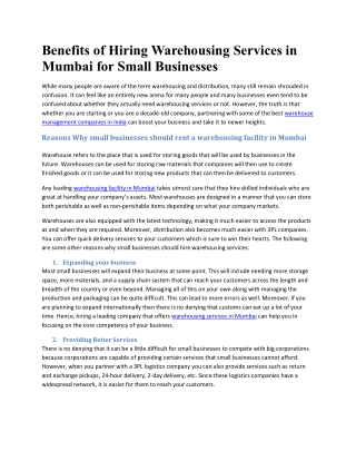 Benefits of Hiring Warehousing Services in Mumbai for Small Businesses
