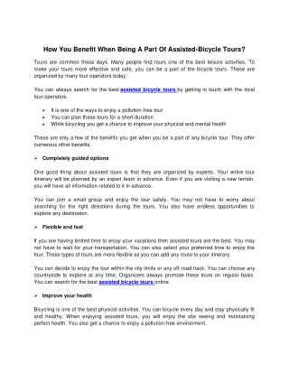 How You Benefit When Being A Part Of Assisted-Bicycle Tours?