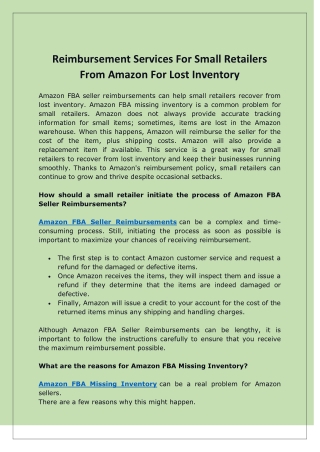 Reimbursement Services For Small Retailers From Amazon For Lost Inventory