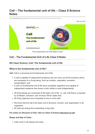 Cell  The fundamental unit of life  Class 9 Science Notes