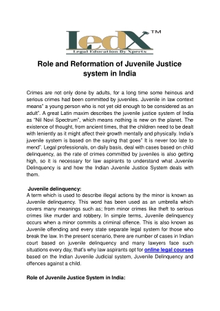 Role and Reformation of Juvenile Justice system in India