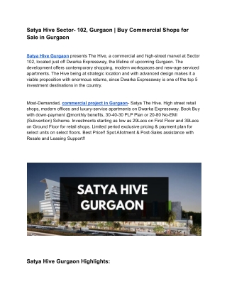 Satya Hive Sector- 102, Gurgaon _ Buy Commercial Shops for Sale in Gurgaon