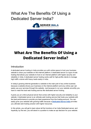 What Are The Benefits Of Using a Dedicated Server India_