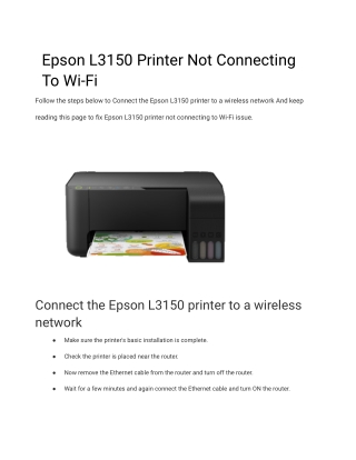 Epson L3150 Printer Not Connecting To Wi-Fi
