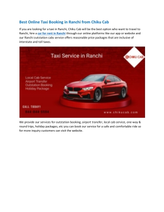 Best Online Taxi Booking in Ranchi from Chiku Cab