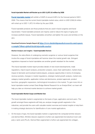 Facial Injectable Market will Rocket up to USD 11,872.16 million by 2028