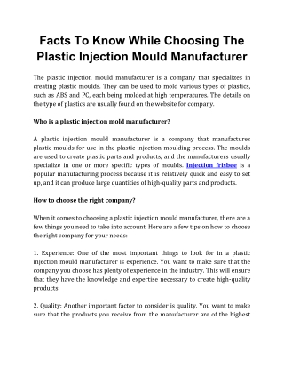 Facts To Know While Choosing The Plastic Injection Mould Manufacturer