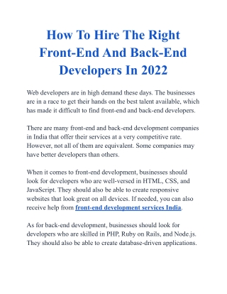 How To Hire The Right Front-End And Back-End Developers In 2022