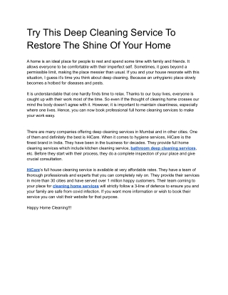 Try This Deep Cleaning Service To Restore The Shine Of Your Home