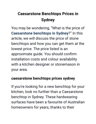 Caesarstone Benchtops Prices in Sydney