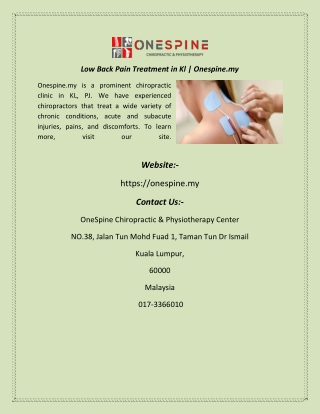 Low Back Pain Treatment in Kl  Onespine.my