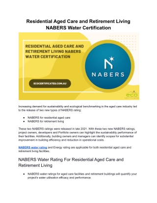 Residential Aged Care and Retirement Living NABERS Water Certification