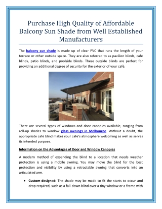 Purchase High Quality of Affordable Balcony Sun Shade from Well Established Manufacturers