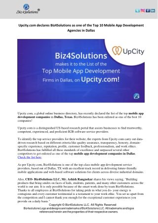 Upcity.com declares Biz4Solutions as one of the Top 10 Mobile App Development Agencies in Dallas