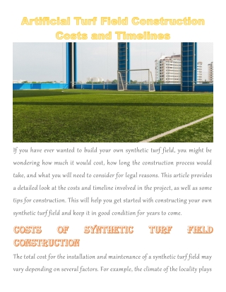 Artificial Turf Field Construction Costs and Timelines